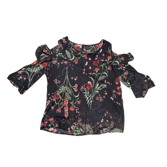 ROZ & ALI Plus Size 2X Cold Shoulder Floral Black Red Top with Ruffle Accent - Picture 1 of 3